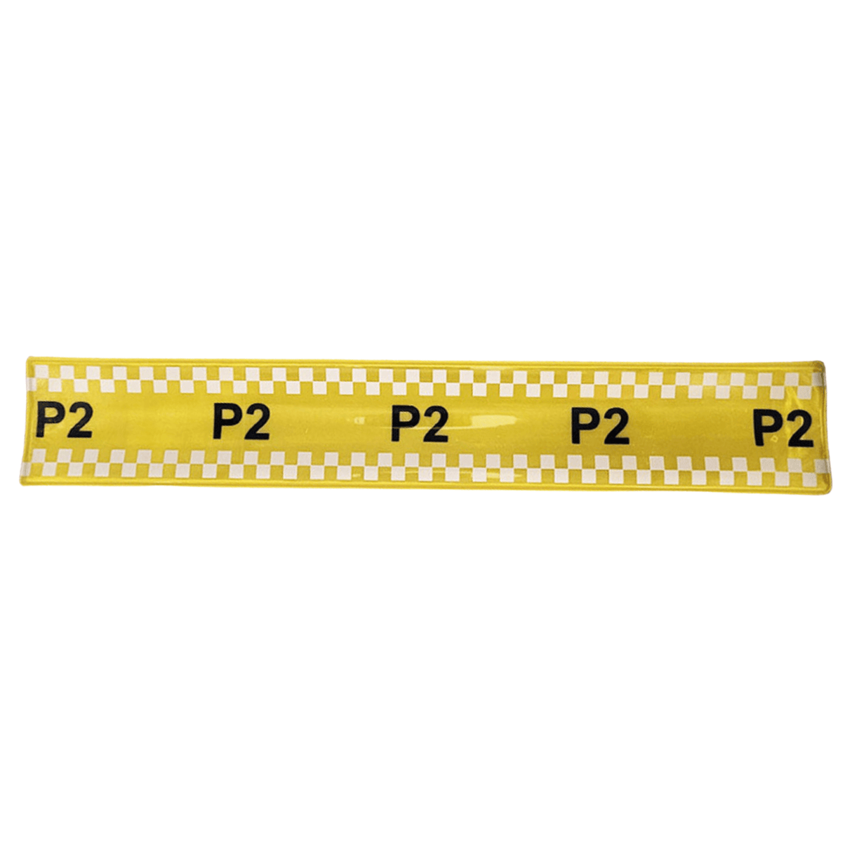 NHS Ten Second Triage slap band in yellow with black 'P2' markings for emergency medical triage use.