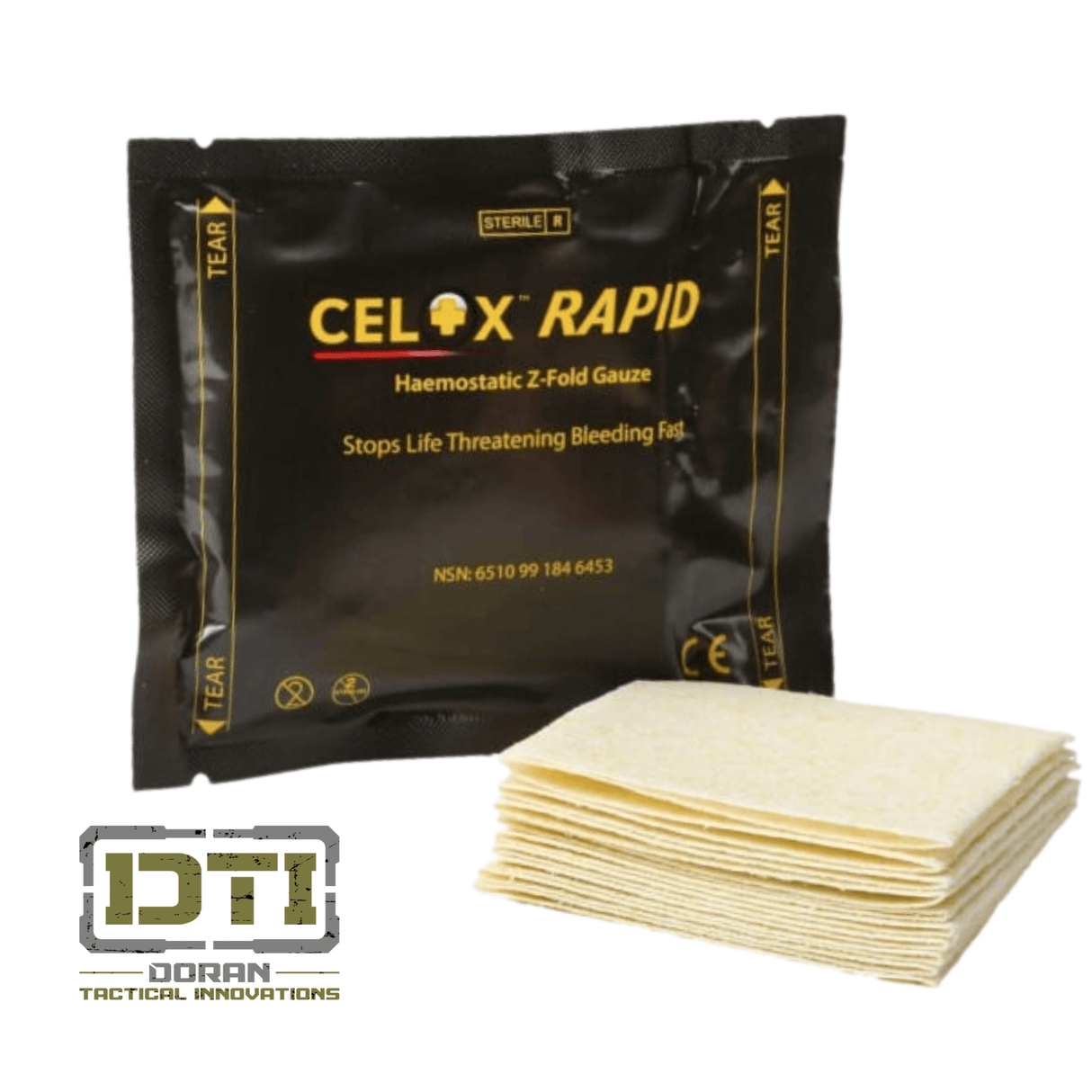 Celox Rapid Z-Fold gauze for emergency bleeding control, essential for trauma kits and first responders.