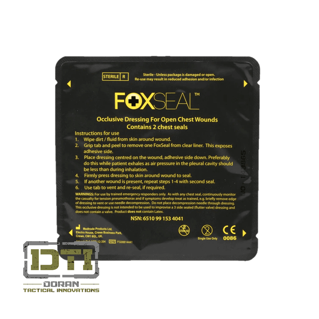 FOXSEAL occlusive dressing for open chest wounds with instructions, contains 2 chest seals for emergency care.