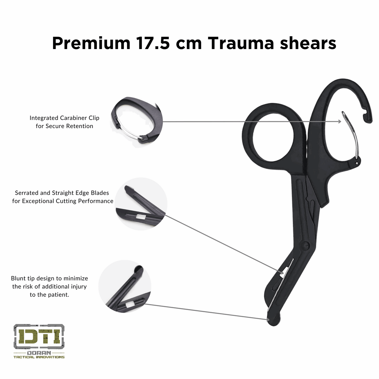 Premium Titanium Coated Trauma shears (17.5cm) with Carabiner Clip - B2B - Doran Tactical InnovationsPremium Titanium Coated Trauma shears (17.5cm) with Carabiner Clip - B2B