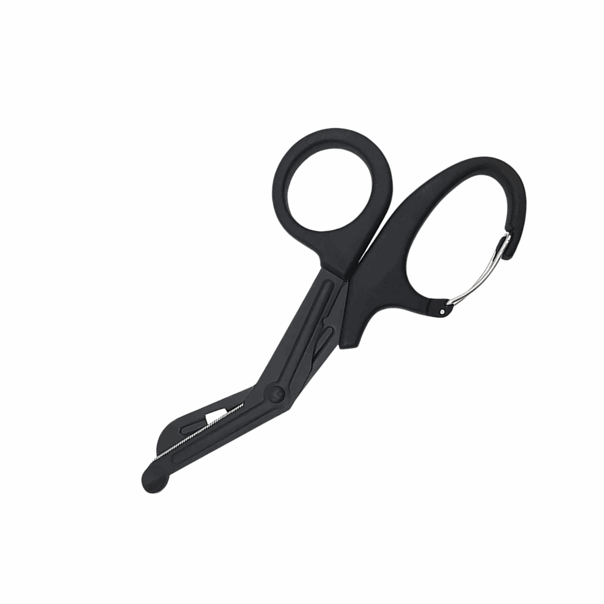 Black premium trauma shears with rounded tips for safe cutting in medical situations.